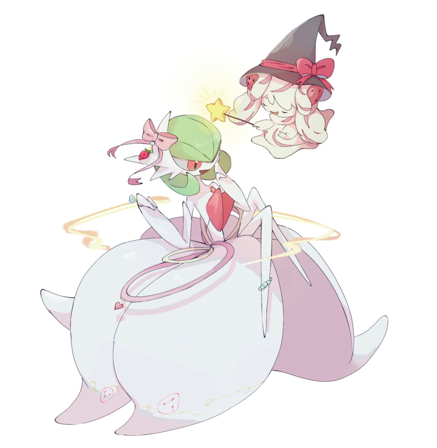 alcremie alcremie_(strawberry_sweet) bob_cut bow closed_eyes dress elbow_gloves gardevoir gloves green_hair hat hat_bow highres holding holding_wand ktbr_2 mega_gardevoir pink_eyes pokemon pokemon_(creature) red_bow simple_background star_(symbol) wand white_background white_dress white_gloves wizard_hat