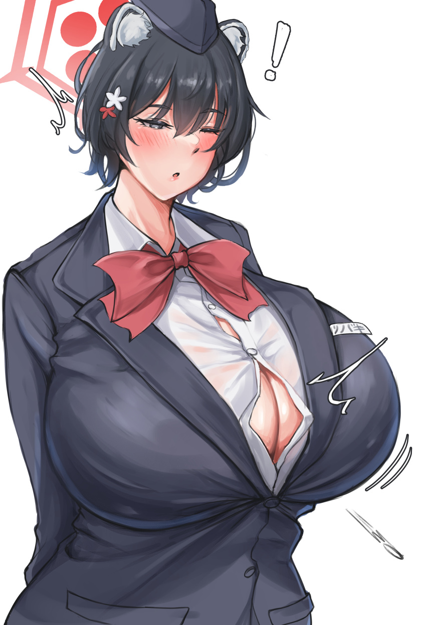 ! 1girl absurdres animal_ear_fluff animal_ears black_hair black_hat black_jacket blue_archive blush breasts bursting_breasts cleavage collared_shirt commentary_request flying_button garrison_cap grey_eyes halo hat highres huge_breasts jacket long_sleeves mechanical_halo minori_(user_eket5233) name_tag shirt simple_background solo surprised tsubaki_(blue_archive) tsubaki_(guide)_(blue_archive) upper_body white_background white_shirt