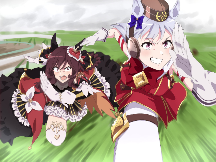 2girls animal_ears blue_bow blunt_bangs bow bowtie braided_hair_rings breasts brown_hair commentary_request dress ear_bow ear_covers gentildonna_(umamusume) gold_ship_(umamusume) grin highres horse_ears horse_girl horse_racing_track large_breasts long_hair looking_at_another multiple_girls nk-43g pantyhose partial_commentary pillbox_hat purple_eyes red_bow red_bowtie red_dress red_eyes running sleeveless sleeveless_dress smile takarazuka_kinen thighhighs umamusume white_pantyhose white_thighhighs