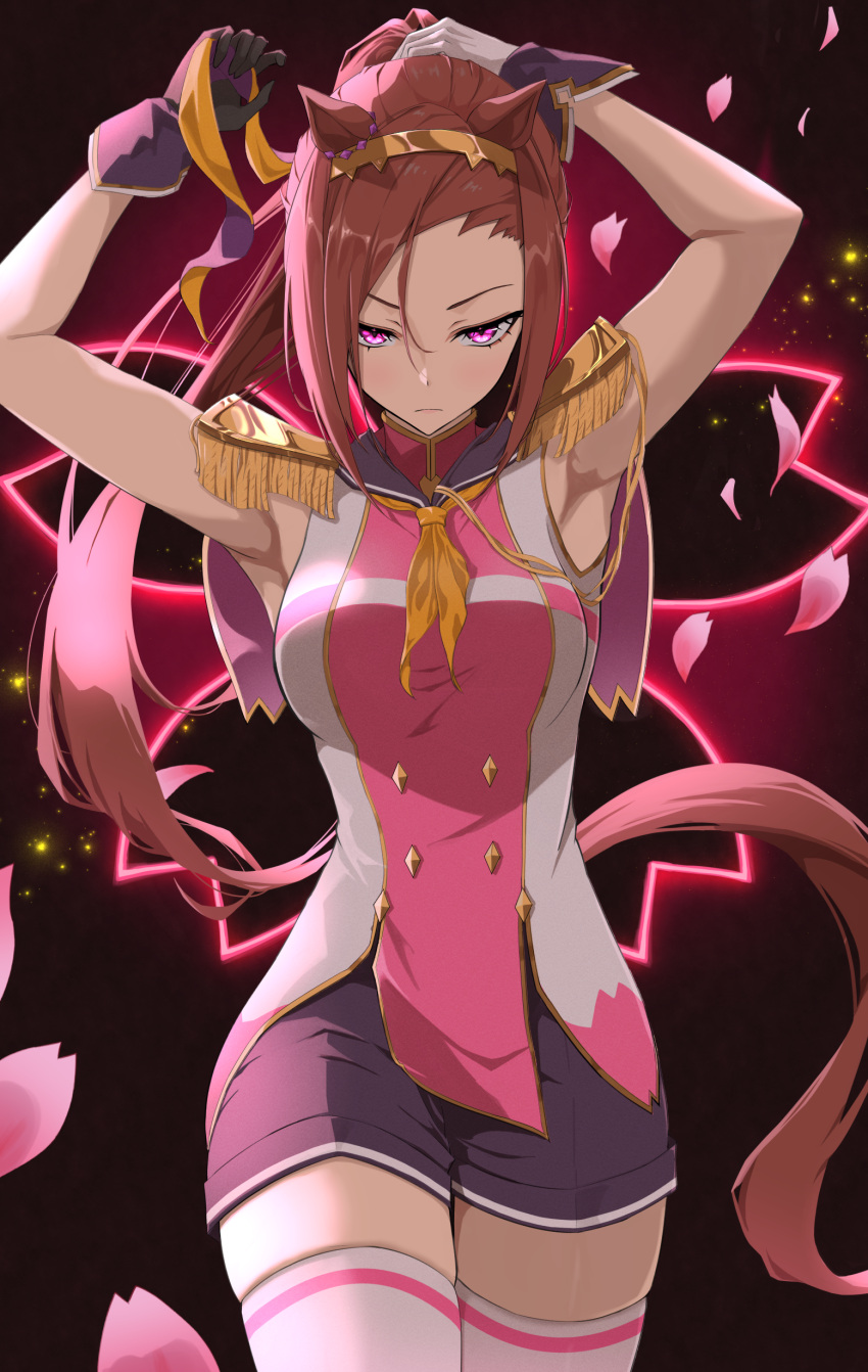 1girl absurdres animal_ears armpits arms_up asymmetrical_gloves azuki_(azuki_azukki) bow breasts brown_hair ear_ornament epaulettes falling_petals flower_in_eye forehead gloves gold_hairband hair_between_eyes hair_tie hairband high_ponytail highres horse_ears horse_girl horse_tail long_hair looking_at_viewer medium_breasts mismatched_gloves petals pink_petals ponytail purple_shorts sakura_bakushin_o_(umamusume) shirt shorts skindentation skirt solo symbol-shaped_pupils symbol_in_eye tail thighhighs tying_hair umamusume white_thighhighs