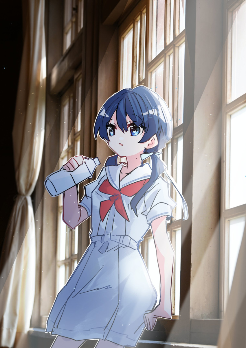 1girl :o against_window blue_eyes blue_hair blue_ribbon blurry blurry_background bottle collarbone commentary_request cowboy_shot curtains dark_blue_hair dress hair_between_eyes hair_ribbon hand_rest hand_up hasu_no_sora_school_uniform highres holding holding_bottle indoors kanduki_kamibukuro light_particles link!_like!_love_live! long_hair love_live! low_twintails mole mole_on_neck murano_sayaka neckerchief open_mouth outline photo_background pleated_dress red_neckerchief ribbon sailor_collar sailor_dress school_uniform short_sleeves sidelocks solo summer_uniform sunlight twintails virtual_youtuber water_bottle white_dress white_outline white_sailor_collar window