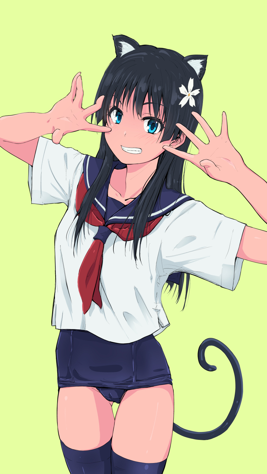 1girl absurdres animal_ears black_hair blue_eyes blue_sailor_collar blue_thighhighs cat_ears cat_tail commentary_request flower grin hair_flower hair_ornament highres long_hair musaki_(msaki666) neckerchief no_pants one-piece_swimsuit red_neckerchief sailor_collar sakugawa_school_uniform saten_ruiko school_swimsuit school_uniform serasuku shirt short_sleeves simple_background smile solo summer_uniform swimsuit swimsuit_under_clothes tail thigh_gap thighhighs toaru_kagaku_no_railgun toaru_majutsu_no_index white_shirt