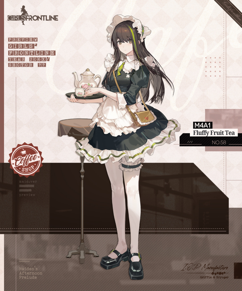 1girl apron bag black_dress black_footwear bonnet bridal_garter brown_background brown_bag brown_eyes brown_hair character_name closed_mouth commentary copyright_name cup dress english_commentary english_text full_body girls'_frontline green_hair green_necktie hair_between_eyes handbag highres holding holding_cup holding_tray long_hair looking_at_viewer m4a1_(fluffy_fruit_tea)_(girls'_frontline) m4a1_(girls'_frontline) maid maid_apron mary_janes multicolored_background multicolored_hair necktie official_alternate_costume official_art pantyhose promotional_art puffy_sleeves second-party_source shoes short_necktie simple_background smile solo standing streaked_hair table teacup teapot tray umo_(mica_team) white_apron white_background white_pantyhose