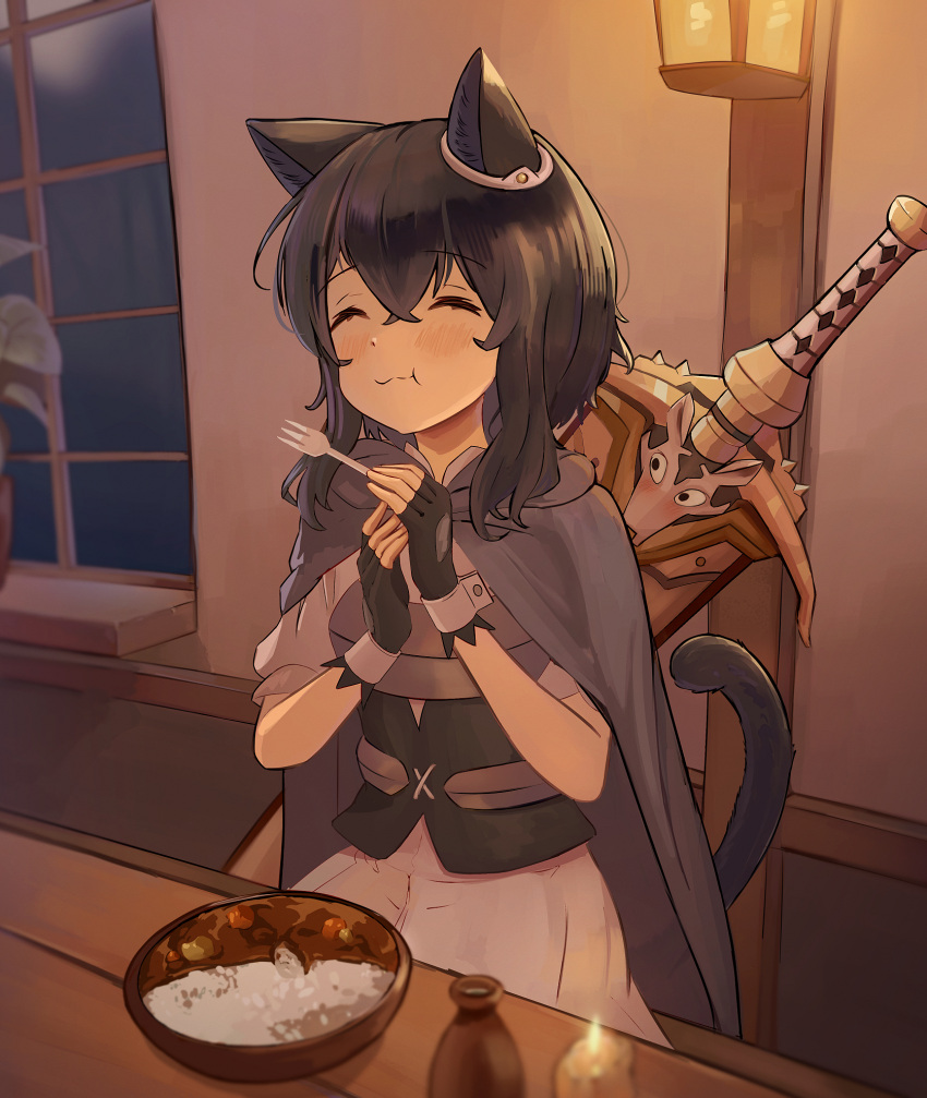 1girl 1other animal_ears black_corset black_gloves black_hair blush bowl candlelight cat_ears cat_girl cat_tail closed_eyes corset curry curry_rice eating flat_chest food fork fosqie fran_(tensei_shitara_ken_deshita) gloves grey_cloak hair_between_eyes highres holding holding_fork partially_fingerless_gloves plant potted_plant rice shishou_(tensei_shitara_ken_deshita) sitting skirt sword sword_on_back tail tensei_shitara_ken_deshita upper_body wall_lamp weapon weapon_on_back white_skirt window