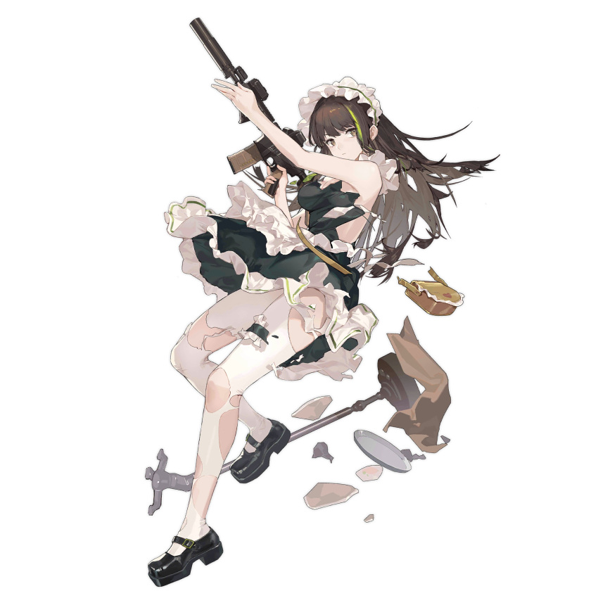 1girl apron arm_up assault_rifle bag black_dress black_footwear bonnet breasts bridal_garter broken broken_cup broken_table brown_bag brown_eyes brown_hair cleavage closed_mouth dress full_body girls'_frontline green_hair green_necktie gun handbag highres holding holding_gun holding_weapon long_hair looking_at_viewer m4_carbine m4a1_(fluffy_fruit_tea)_(girls'_frontline) m4a1_(girls'_frontline) maid maid_apron mary_janes multicolored_hair necktie official_alternate_costume official_art pantyhose puffy_sleeves rifle serious shoes simple_background solo streaked_hair table third-party_source torn_apron torn_clothes torn_dress torn_necktie torn_pantyhose torn_straps transparent_background tray umo_(mica_team) weapon white_apron white_pantyhose