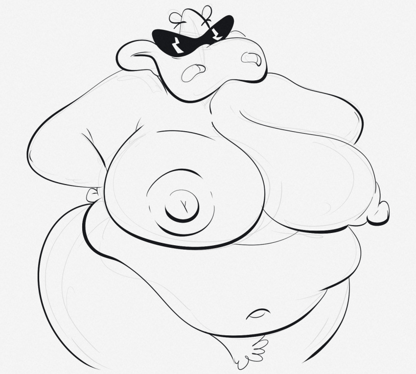 anthro belly big_belly big_breasts big_nipples breasts eyebrows eyewear fat_rolls female gladys_hippo guide_lines hands_on_hips hi_res jodero line_art monochrome navel nickelodeon nipples obese obese_female overweight overweight_anthro overweight_female pubes rocko's_modern_life sagging_breasts solo solo_focus sunglasses thick_thighs wide_hips