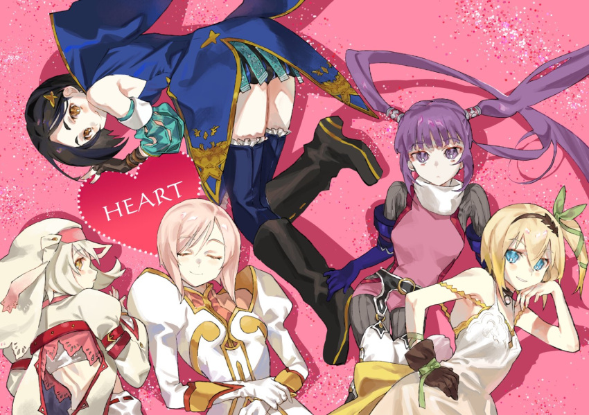 5girls alice_(tales) black_choker black_hair blonde_hair blue_eyes character_request choker closed_mouth dress edna_(tales) estellise_sidos_heurassein fingerless_gloves gloves green_ribbon hair_ribbon hairband highres long_hair looking_at_viewer multiple_girls pink_hair purple_eyes purple_hair ribbon short_hair side_ponytail single_glove smile sophie_(tales) tales_of_(series) tales_of_graces tales_of_symphonia tales_of_symphonia_knight_of_ratatosk tales_of_vesperia tales_of_zestiria talesofmea thighhighs twintails