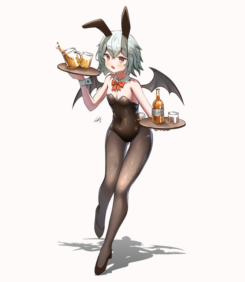 1girl :o alcohol animal_ears bat_wings beer beer_mug black_footwear black_leotard black_pantyhose black_wings blue_hair bow bowtie breasts cleavage covered_navel cup detached_collar fang full_body high_heels highres holding holding_tray leotard mug pantyhose playboy_bunny rabbit_ears rabbit_tail red_bow red_bowtie red_eyes remilia_scarlet short_hair simple_background small_breasts solo standing tail touhou tray whiskey white_background white_wrist_cuffs wings wrist_cuffs ycl_090