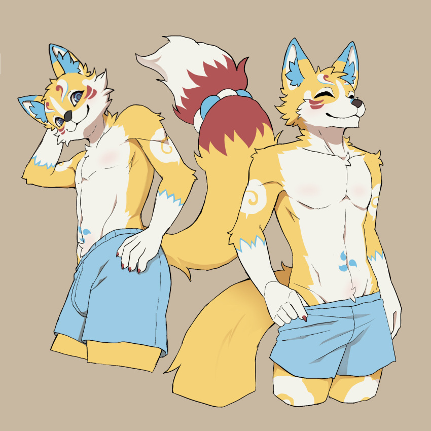 anthro bottomwear canid canine clothing eyes_closed fox hi_res kurari_(deruu) kurarifox male mammal multiple_poses pose shorts simple_background solo