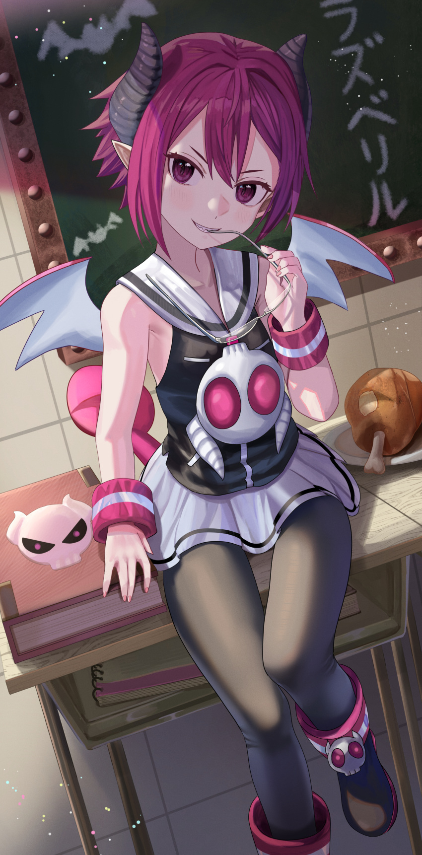 1girl absurdres bat_wings demon_girl demon_wings disgaea glasses highres horns looking_at_viewer makai_senki_disgaea_3 pantyhose pink_eyes pink_hair pink_wrist_cuffs pointy_ears raspberyl sailor_collar short_hair silvertsuki skirt smile solo tail white_sailor_collar wings wrist_cuffs