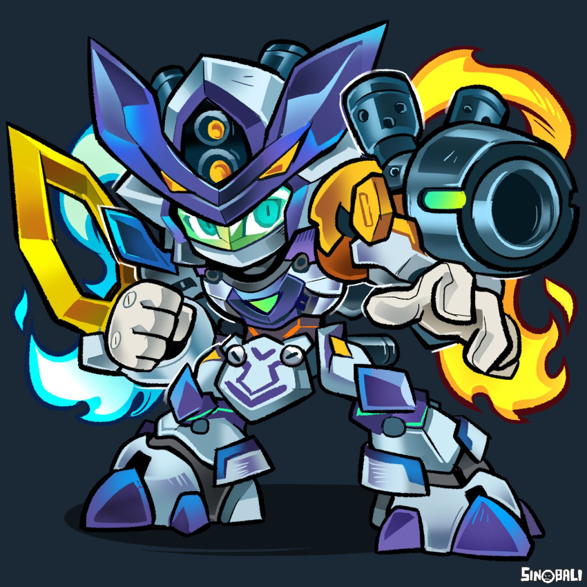 arm_blade arm_cannon armor artist_logo artist_name assault_visor chibi dark_background digimon highres holographic_clothing looking_at_viewer mecha medarot omedamon robot shoulder_armor simple_background sinobali standing v-fin weapon white_armor