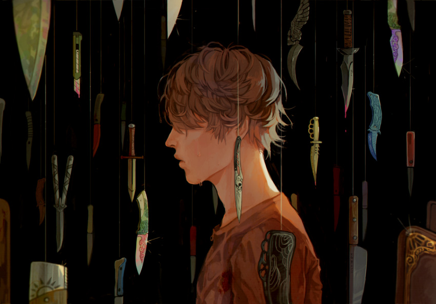 1boy amamiya_ren black_background blood blood_on_clothes boxcutter brown_hair commentary covered_eyes dagger english_commentary glint hair_over_eyes ionomycin kitchen_knife knife male_focus parted_lips persona persona_5 profile scissors short_hair solo string sun_symbol sword tears upper_body weapon winged_sword