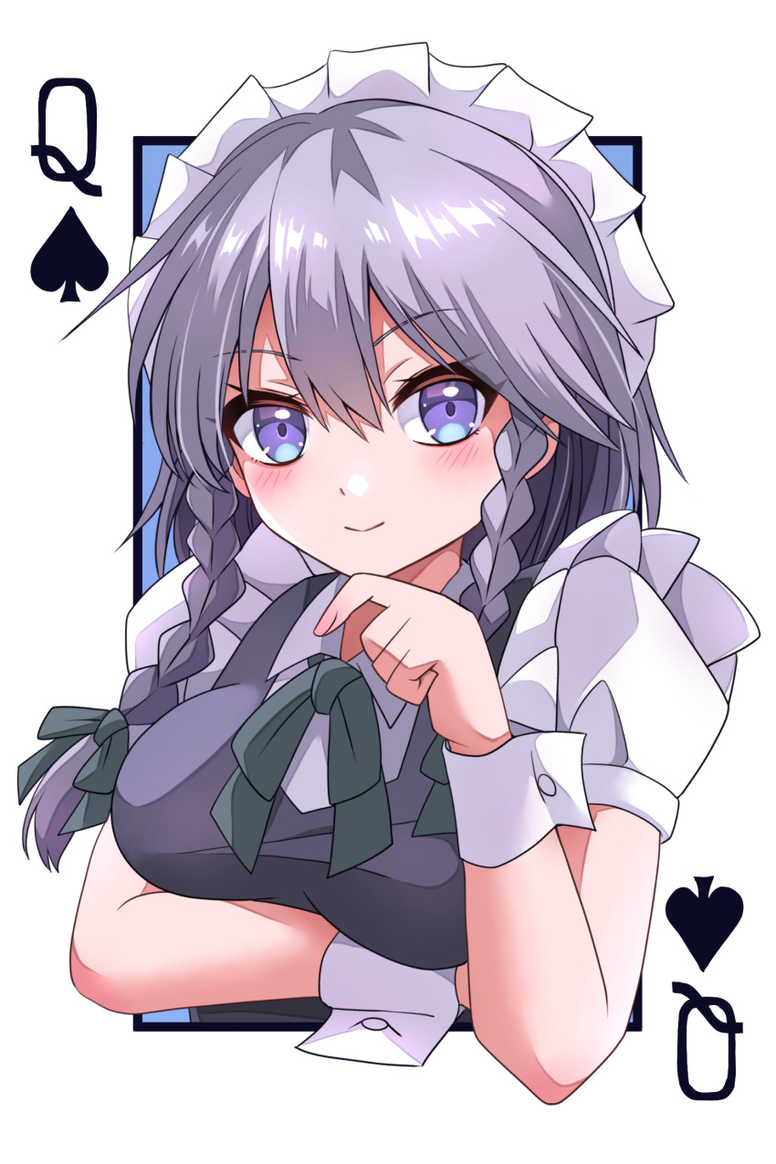 1girl arm_under_breasts blue_eyes blush bow bowtie braid closed_mouth commentary_request green_bow green_bowtie grey_hair happy_ginko highres izayoi_sakuya long_hair looking_at_viewer maid maid_headdress puffy_short_sleeves puffy_sleeves queen_(playing_card) queen_of_spades short_sleeves smile solo spade_(shape) touhou twin_braids wrist_cuffs