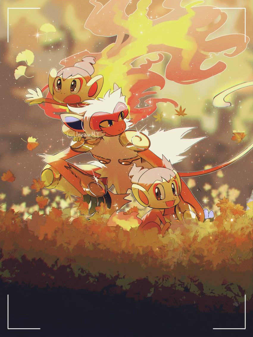 absurdres autumn_leaves black_eyes brown_background brown_eyes chimchar commentary_request fiery_hair fiery_tail fire fukkatsu_no_maya ginkgo_leaf highres infernape leaf maple_leaf no_humans open_mouth pokemon pokemon_(creature) sitting smile sparkle squatting tail twitter_username