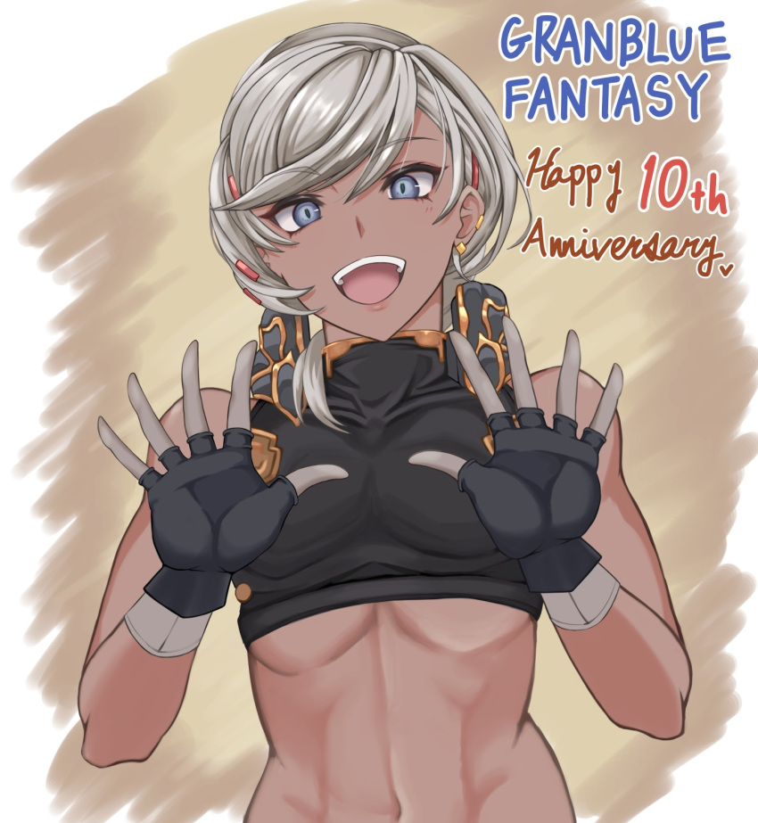 1girl :d abs anniversary bare_shoulders black_gloves black_shirt blue_eyes breasts commentary_request covered_collarbone crop_top cropped_shirt dark-skinned_female dark_skin earclip earrings fiorito_(granblue_fantasy) gloves granblue_fantasy grey_hair hair_ornament happy_anniversary highres jewelry looking_at_viewer midriff navel open_hands open_mouth rizzy shirt short_hair sidelocks sleeveless sleeveless_shirt small_breasts smile solo standing swept_bangs teeth turtleneck turtleneck_shirt upper_body upper_teeth_only