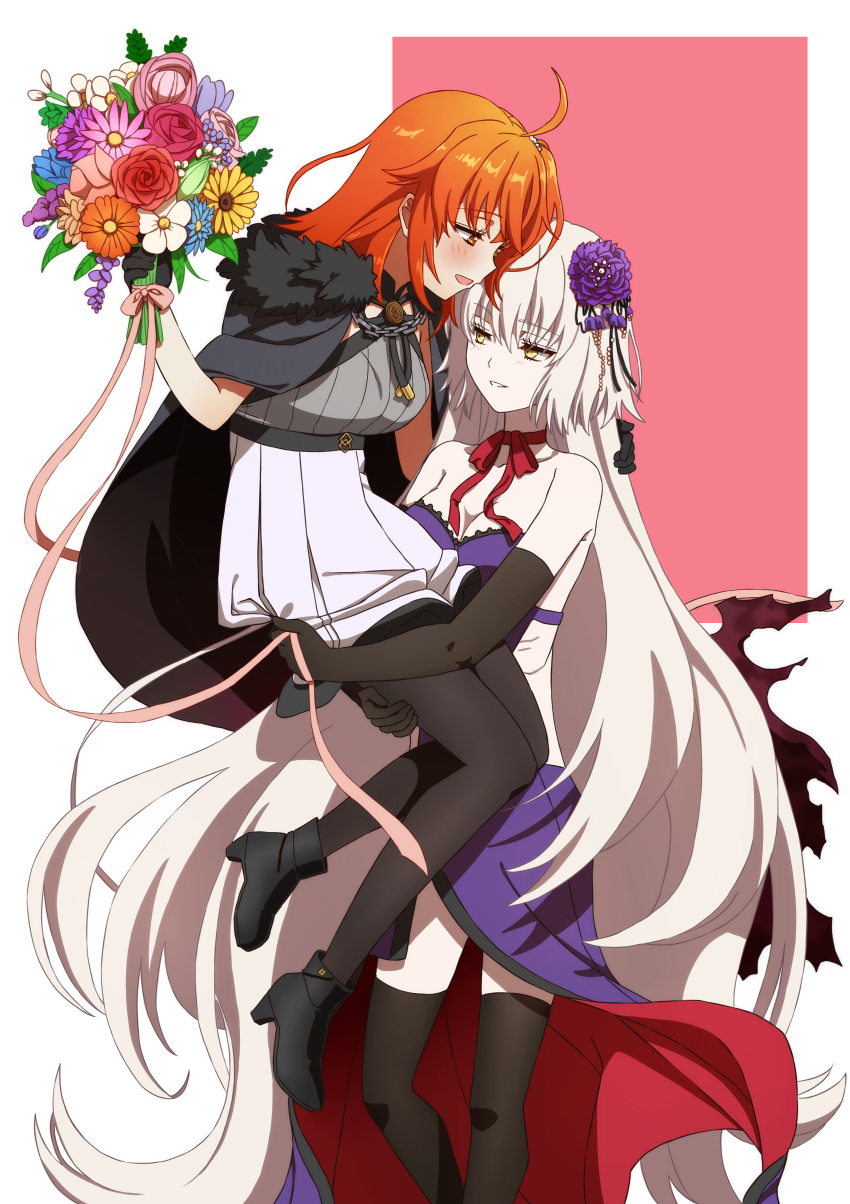 2girls absurdres ahoge bare_shoulders black_cape blush bouquet breasts cape carrying carrying_person cleavage dress fate/grand_order fate_(series) flower fujimaru_ritsuka_(female) grey_hair hair_flower hair_ornament highres jeanne_d'arc_alter_(avenger)_(fate) jeanne_d'arc_alter_(fate) large_breasts long_hair multiple_girls oiun one_side_up open_mouth orange_eyes orange_hair purple_dress short_hair skirt smile thighhighs very_long_hair white_skirt yellow_eyes