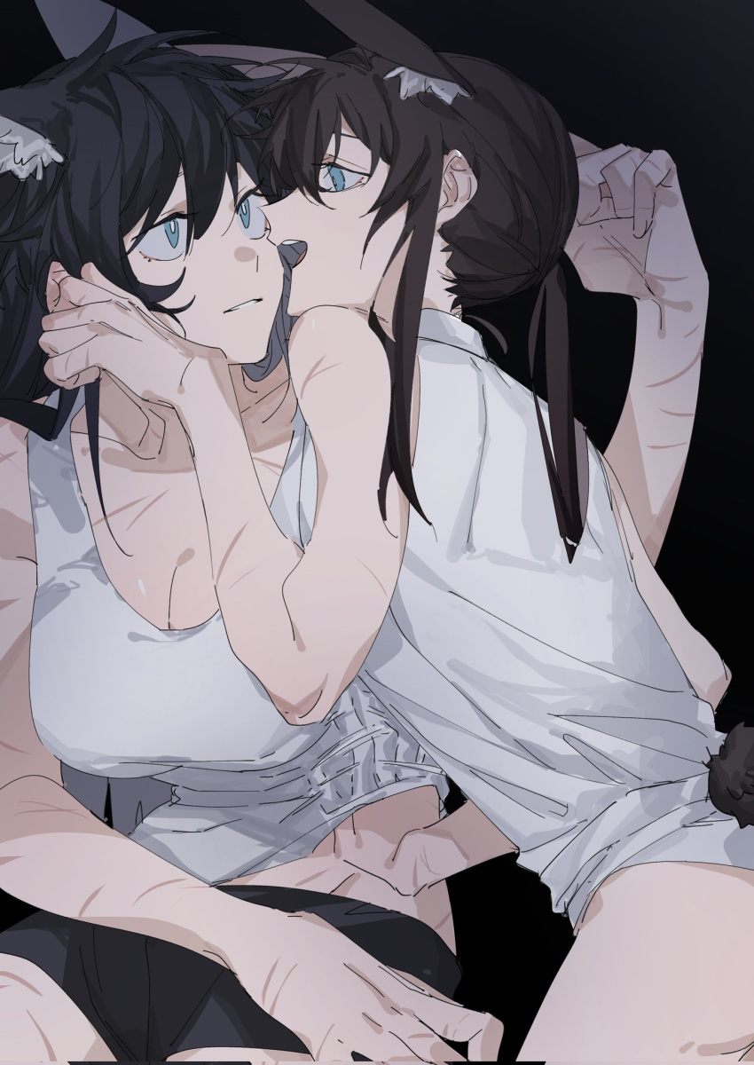 2girls amiya_(arknights) animal_ear_fluff animal_ears arknights black_background black_hair black_shorts blaze_(arknights) blue_eyes breasts bright_pupils brown_hair cat_ears chinese_commentary cleavage commentary_request corrupted_twitter_file hand_in_another's_hair hand_under_clothes hand_under_shirt highres large_breasts long_hair molu_stranger multiple_girls open_mouth panties parted_lips ponytail rabbit_ears rabbit_girl rabbit_tail scar scar_on_arm scar_on_chest scar_on_leg shirt shorts simple_background sleeveless sleeveless_shirt tail tank_top underwear white_panties white_pupils white_shirt white_tank_top yuri