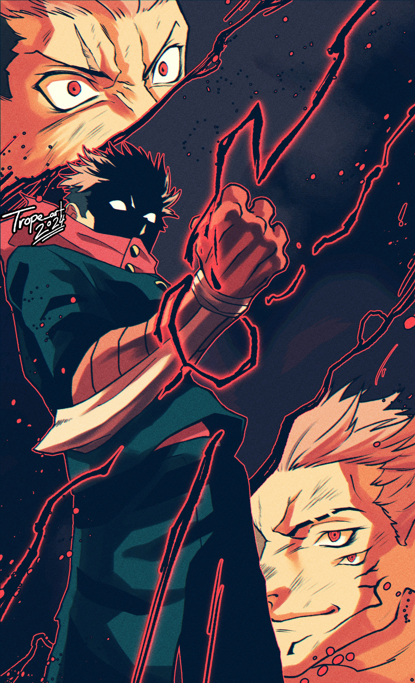 2boys absurdres angry black_lightning clawed_gauntlets clenched_hand extra_eyes face_in_shadow facial_mark fighting_stance gauntlets highres hood hoodie itadori_yuuji jujutsu_kaisen multiple_boys muscular muscular_male pink_hair red_eyes red_hoodie ryoumen_sukuna_(jujutsu_kaisen) ryoumen_sukuna_(true_form)_(jujutsu_kaisen) scar scar_on_face signature trope_art