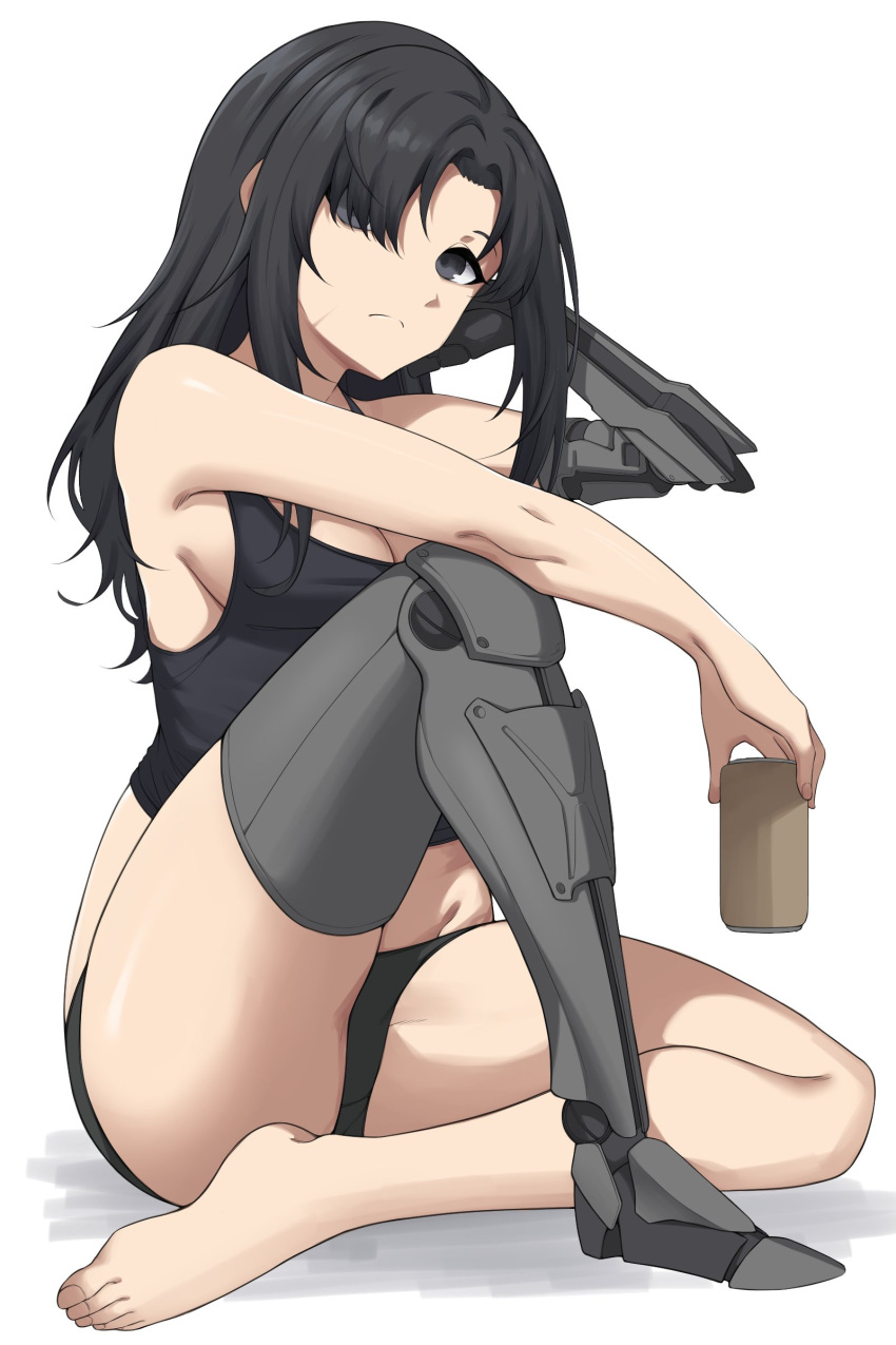 1girl absurdres act_(xadachit) angelia_(girls'_frontline) black_hair breasts can closed_mouth crossed_legs girls'_frontline grey_eyes grey_hair hair_over_one_eye head_on_hand highres holding holding_can long_hair looking_at_viewer mechanical_arms medium_breasts prosthesis prosthetic_arm prosthetic_leg shirt sideboob simple_background solo underwear