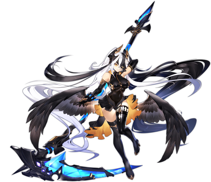 1girl absurdly_long_hair angel ark_order arm_behind_back arm_up asymmetrical_clothes asymmetrical_legwear bare_shoulders black_gloves black_hair black_leotard black_wings breasts calder closed_mouth cross elbow_gloves eyebrows_hidden_by_hair eyepatch feathered_wings full_body gloves highres holding holding_scythe holding_weapon inverted_cross large_breasts latin_cross leotard long_hair looking_at_viewer mismatched_legwear multicolored_hair official_art open_mouth sariel_(ark_order) science_fiction scythe smile solo tachi-e tattoo transparent_background twintails two-tone_hair uneven_legwear very_long_hair weapon white_hair wings yellow_eyes