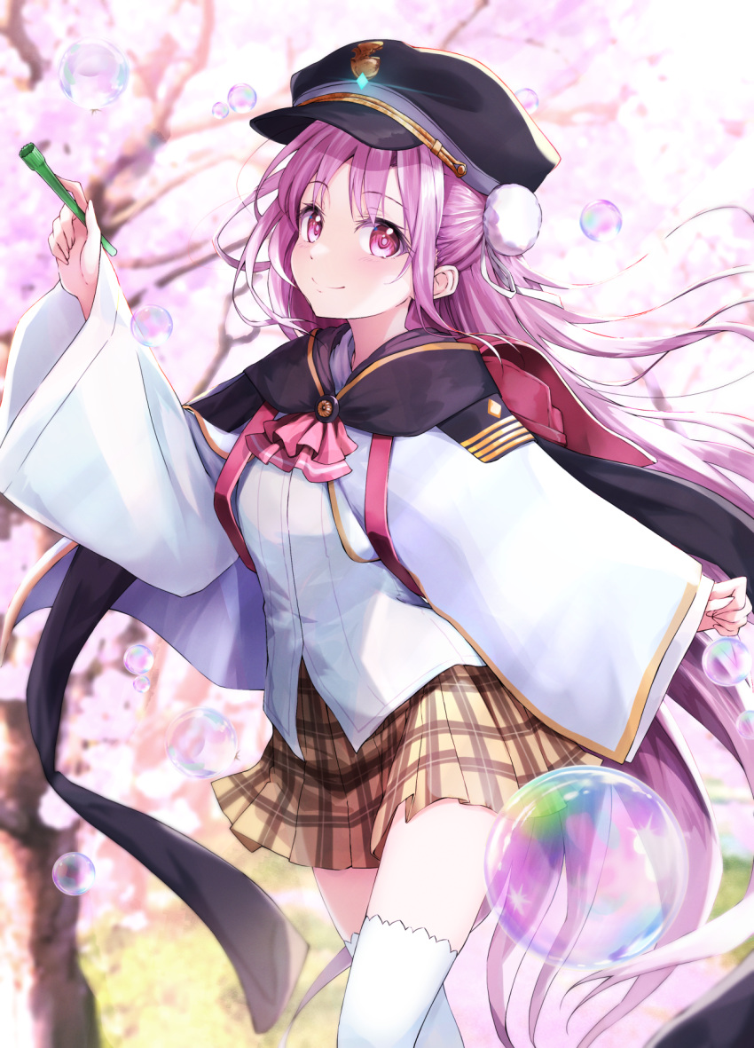 1girl black_cape black_hat blurry blurry_background brown_skirt bubble bubble_pipe cape closed_mouth commentary_request day depth_of_field flower hand_up hat heaven_burns_red highres holding jacket kunimi_tama long_hair long_sleeves na53 outdoors peaked_cap pink_flower plaid plaid_skirt pleated_skirt purple_eyes purple_hair skirt sleeves_past_wrists smile solo standing thighhighs tree very_long_hair white_jacket white_thighhighs wide_sleeves
