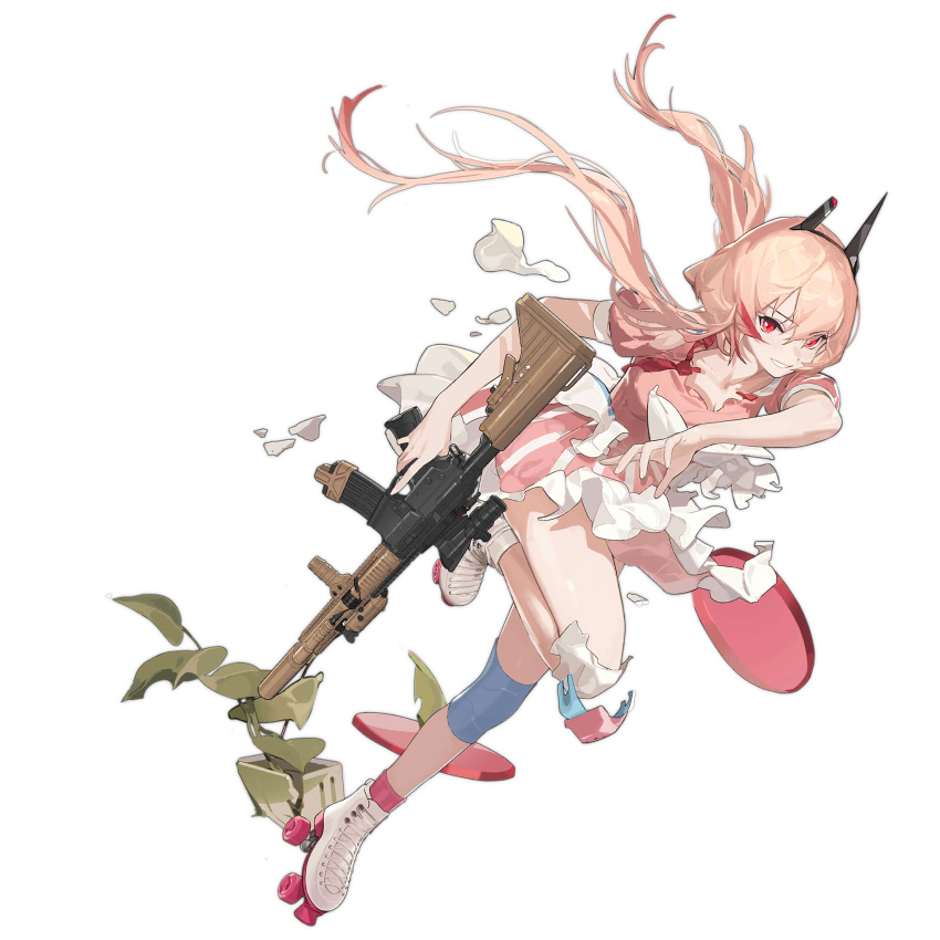 1girl apron blonde_hair dress drinking_straw full_body girls'_frontline grin gun hair_between_eyes headgear highres holding holding_gun holding_weapon knee_pads looking_at_viewer m4_sopmod_ii m4_sopmod_ii_(girls'_frontline) m4_sopmod_ii_(racing_parfait)_(girls'_frontline) multicolored_hair necktie official_alternate_costume official_art pink_dress pink_necktie plant potted_plant puffy_short_sleeves puffy_sleeves red_eyes red_hair red_socks roller_skates scope short_sleeves simple_background skates smile socks solo streaked_hair third-party_source torn_apron torn_clothes torn_dress torn_necktie transparent_background tray trigger_discipline umo_(mica_team) waitress weapon white_apron white_footwear
