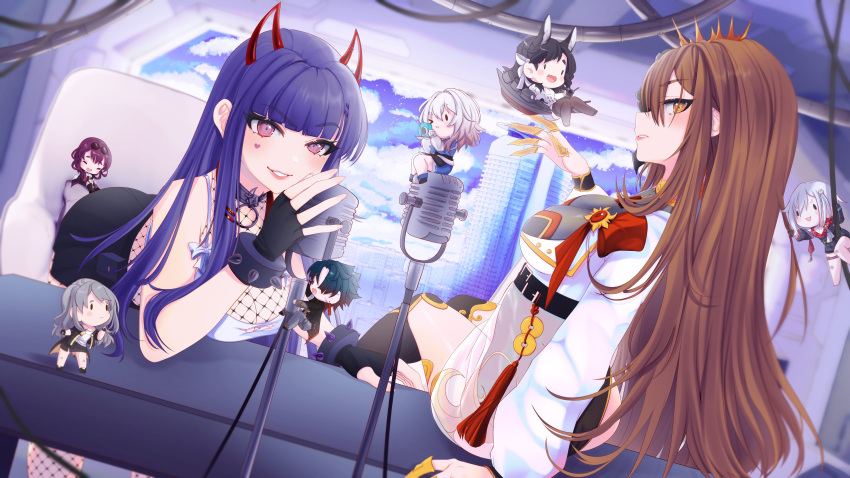 absurdres akuma_nihmune atago_(azur_lane) azur_lane belt black_belt black_gloves black_hair bow bracelet breasts brown_eyes brown_hair building character_request chibi cleavage cloud coat copyright_request crown eyewear_on_head facial_mark fingerless_gloves fishnet_pantyhose fishnet_top fishnets gloves grey_hair heart heart_facial_mark highres holding holding_microphone honkai:_star_rail honkai_(series) horns indie_virtual_youtuber jewelry kafka_(honkai:_star_rail) large_breasts lilytharts long_hair microphone mina_aoyama pantyhose parted_lips pink_eyes pouch purple_hair red_horns ribbon rigging sitting sky skyscraper spiked_bracelet spikes thighhighs virtual_youtuber white_bow white_coat white_ribbon