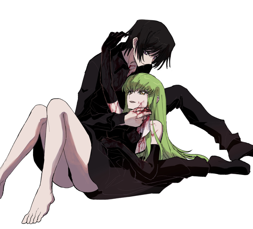 1boy 1girl absurdres barefoot black_dress black_gloves black_hair black_shirt blood blood_on_clothes blood_on_face c.c. code_geass collared_shirt commentary_request dress elbow_gloves full_body gloves green_hair highres io_ion knee_up knees_up lelouch_vi_britannia long_hair looking_at_another lying_on_lap open_mouth purple_eyes shirt short_hair sitting smile white_background yellow_eyes