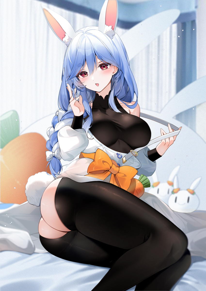 1girl absurdres animal_ear_fluff animal_ears apron ass blue_hair blush bodystocking braid breasts carrot clothing_cutout highres hololive large_breasts light_blue_hair long_hair long_sleeves looking_at_viewer mature_female open_mouth pekomama rabbit_ears rabbit_girl red_eyes shoulder_cutout solo thick_eyebrows virtual_youtuber white_apron white_hair yukineko1018