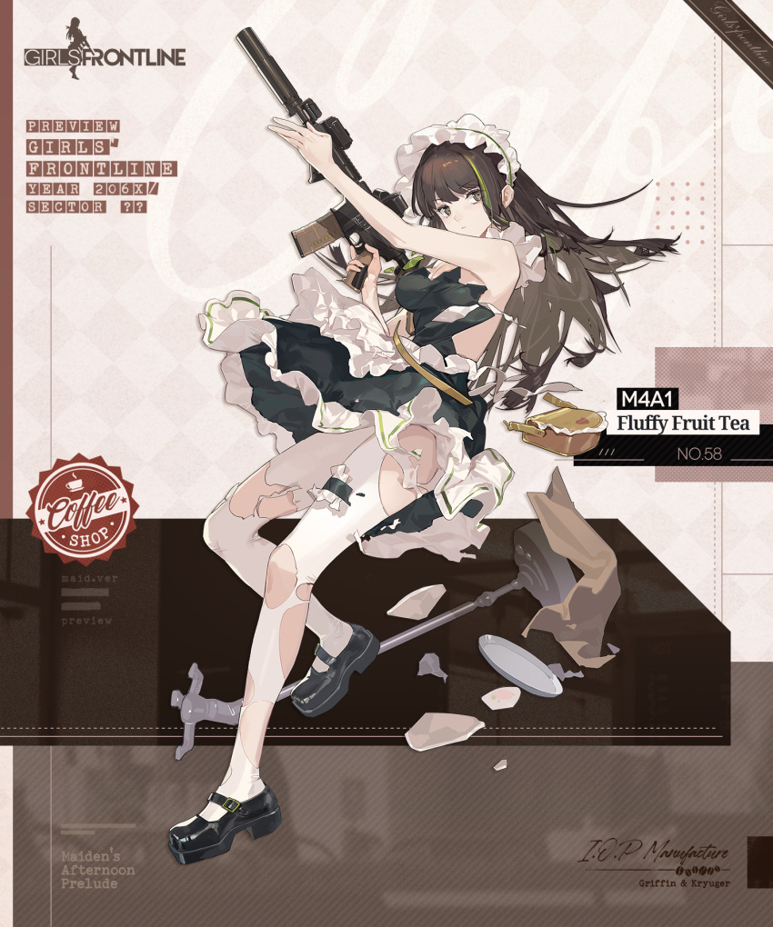 1girl apron arm_up assault_rifle bag black_dress black_footwear bonnet breasts bridal_garter broken broken_cup broken_table brown_background brown_bag brown_eyes brown_hair character_name cleavage closed_mouth commentary copyright_name dress english_commentary english_text full_body girls'_frontline green_hair green_necktie gun handbag highres holding holding_gun holding_weapon long_hair looking_at_viewer m4_carbine m4a1_(fluffy_fruit_tea)_(girls'_frontline) m4a1_(girls'_frontline) maid maid_apron mary_janes multicolored_background multicolored_hair necktie official_alternate_costume official_art pantyhose promotional_art puffy_sleeves rifle second-party_source serious shoes simple_background solo streaked_hair table torn_apron torn_clothes torn_dress torn_necktie torn_pantyhose torn_straps tray umo_(mica_team) weapon white_apron white_background white_pantyhose