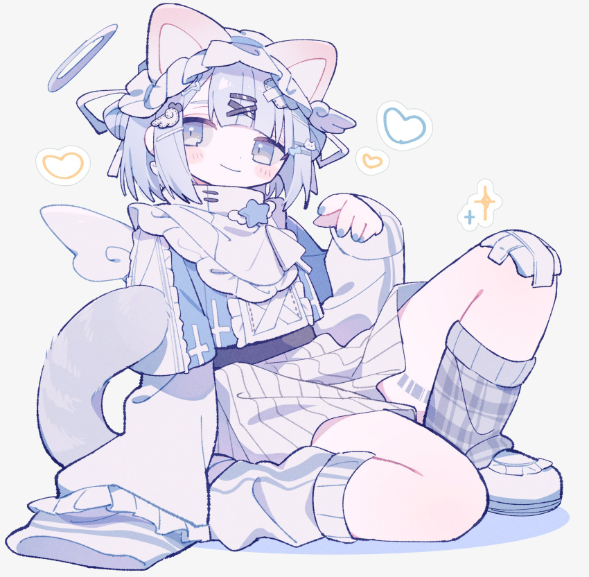 absurd_res animal_humanoid band-aid band-aid_on_knee band-aid_on_leg bandage blush cat_humanoid clothed clothing felid felid_humanoid feline feline_humanoid female footwear heart_symbol hi_res humanoid mammal mammal_humanoid omumorning shoes socks solo wings