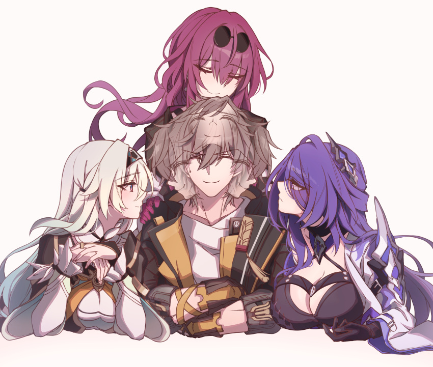 1boy 3girls absurdres acheron_(honkai:_star_rail) afterimage black_hairband black_jacket breasts caelus_(honkai:_star_rail) eyes_visible_through_hair eyewear_on_head firefly_(honkai:_star_rail) grey_hair hair_over_one_eye hairband harem hetero highres honkai:_star_rail honkai_(series) jacket kafka_(honkai:_star_rail) long_hair motion_blur multicolored_hair multiple_girls neckerchief orange_neckerchief purple_eyes purple_hair ru_251 smile streaked_hair trailblazer_(honkai:_star_rail) very_long_hair