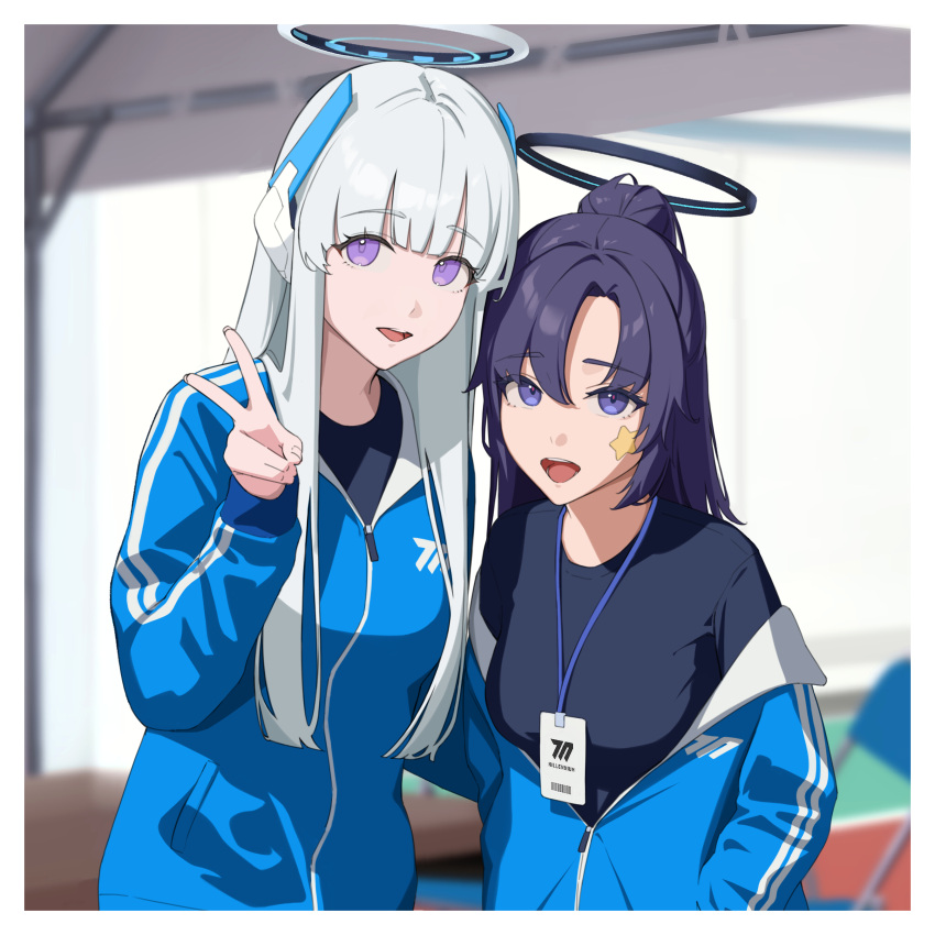 2girls absurdres black_shirt blue_archive blue_jacket blunt_bangs blurry blurry_background border breasts chair grey_hair halo hand_in_pocket headgear highres id_card jacket long_hair looking_at_viewer multiple_girls noa_(blue_archive) off_shoulder open_mouth ponytail purple_eyes shirt star_sticker sticker_on_face track_jacket v white_border yoroshinbo yuuka_(blue_archive) yuuka_(track)_(blue_archive)