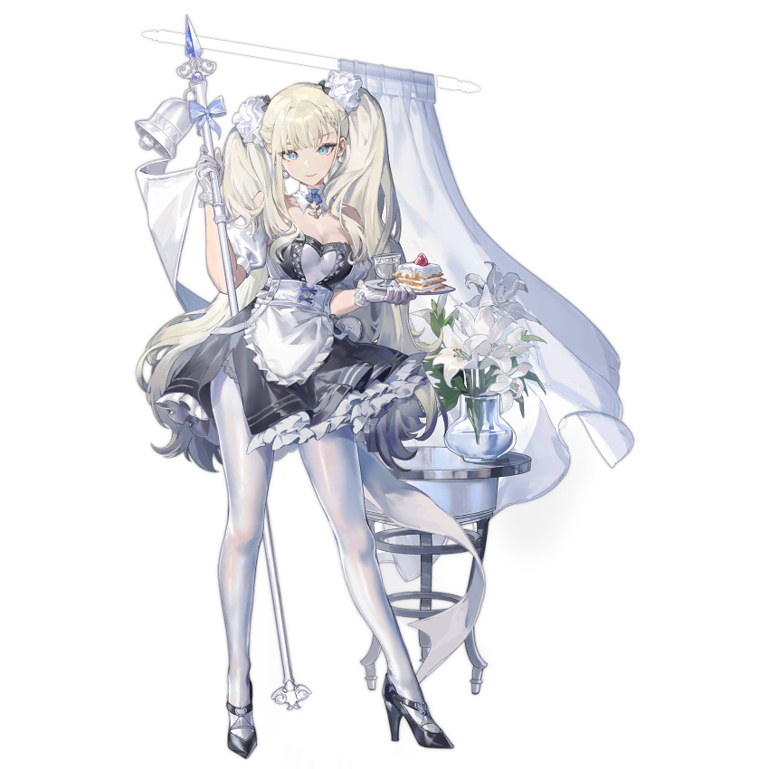 1girl a-545_(girls'_frontline) a-545_(knight_of_the_lily)_(girls'_frontline) apron bare_shoulders bell black_dress black_footwear blonde_hair blue_eyes breasts cake cake_slice cleavage closed_mouth collar cup curtains detached_collar detached_sleeves dress earrings flower food full_body girls'_frontline gloves high_heels highres holding holding_polearm holding_tray holding_weapon jewelry large_breasts light_smile lily_(flower) long_hair looking_at_viewer maid maid_apron messikid official_alternate_costume official_art pantyhose pearl_earrings polearm puffy_detached_sleeves puffy_sleeves simple_background solo standing table third-party_source transparent_background tray twintails vase weapon white_apron white_collar white_gloves white_pantyhose white_sleeves