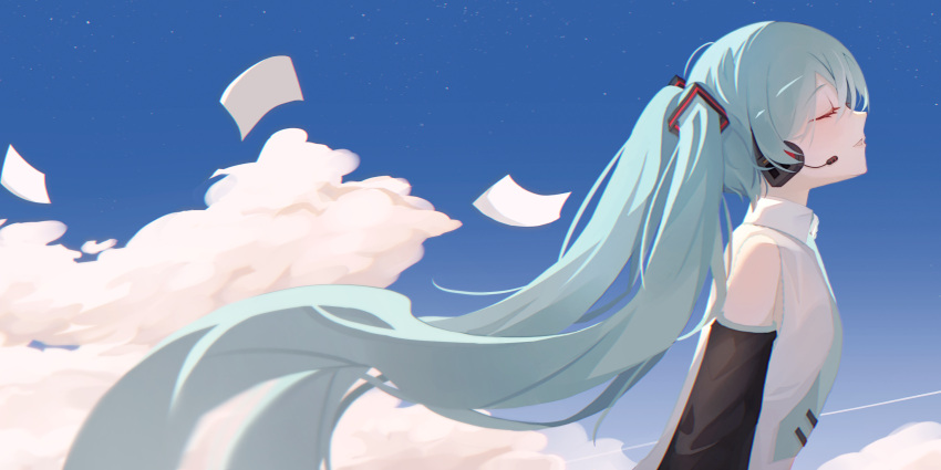 1girl aqua_hair aqua_necktie bare_shoulders black_sleeves blue_sky closed_eyes cloud collared_shirt commentary detached_sleeves floating_hair flying_paper from_side hatsune_miku head_back headset highres komogu_(pixiv_59363256) long_hair necktie outdoors paper parted_lips profile shirt sky smile solo tie_clip twintails upper_body very_long_hair vocaloid white_shirt wind