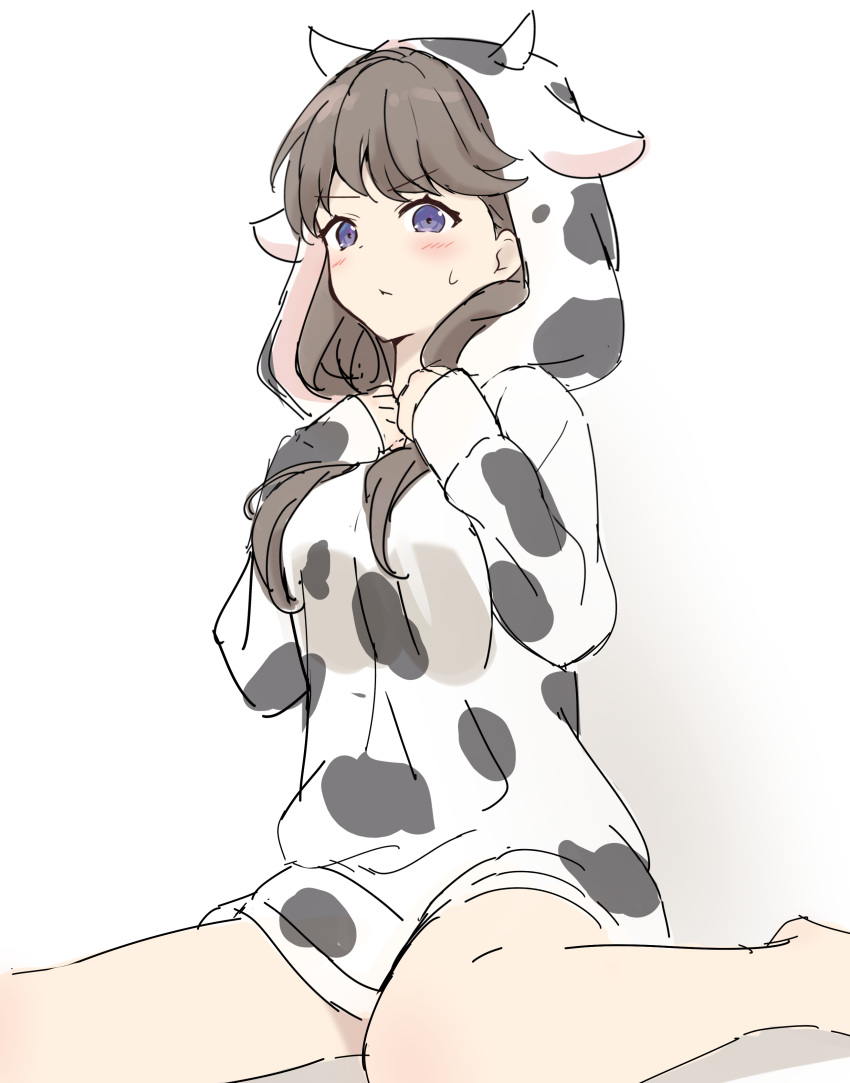 1girl absurdres animal_ear_hood animal_ears animal_print bare_legs barefoot black_hoodie blush breast_suppress breasts brown_hair closed_mouth commentary_request cow_ears cow_hood cow_horns cow_print embarrassed foot_out_of_frame fujishima_megumi hands_up highres hood hood_up hoodie horns large_breasts link!_like!_love_live! long_hair long_sleeves looking_at_viewer love_live! print_hoodie purple_eyes simple_background sitting sleeves_past_wrists solo sweatdrop two-tone_hoodie v-shaped_eyebrows wariza white_background white_hoodie yutuki_ame