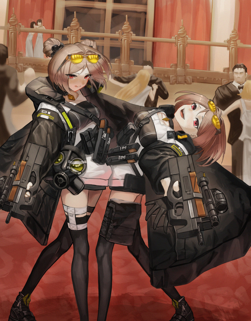 3boys 6+girls absurdres ammunition_pouch aoi_wakashi_chiyo asymmetrical_legwear black_footwear black_suit black_thighhighs breasts brown_hair bullpup clone dancing dated_commentary double_bun eyewear_on_head gas_mask girls'_frontline gun hair_bun highres holding holding_gun holding_weapon looking_at_viewer mask multiple_boys multiple_girls open_mouth p90 p90_(girls'_frontline) pouch red_eyes shoes smile sneakers submachine_gun suit sunglasses teeth thighhighs tongue tongue_out uneven_legwear upper_teeth_only weapon