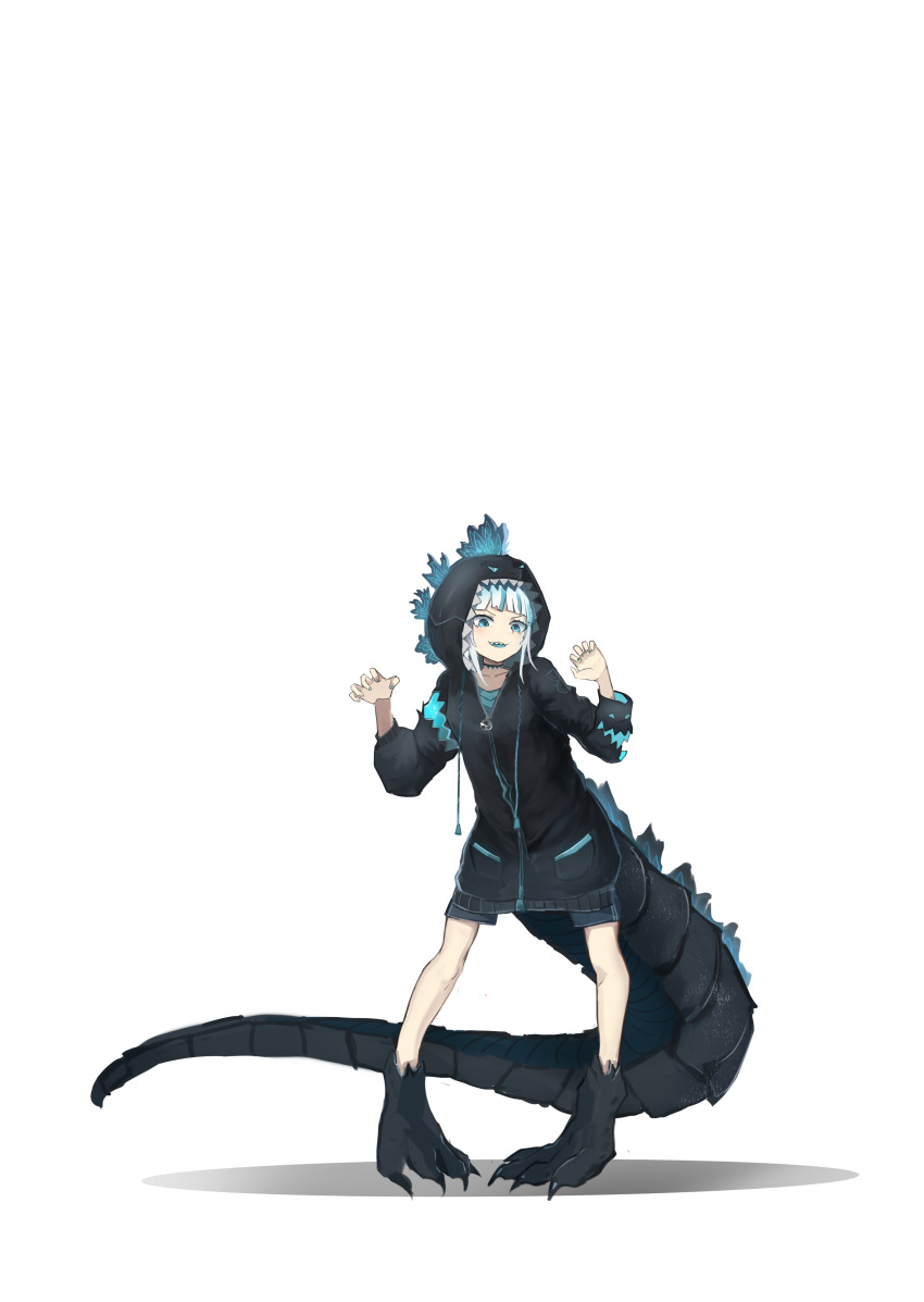 1girl :3 absurdres baozha_agong black_hoodie black_scales blue_eyes blue_mouth blue_nails blue_shirt blue_shorts blue_tongue breasts choker clawed_feet colored_tongue commentary cosplay crossover full_body gawr_gura godzilla godzilla_(cosplay) godzilla_(series) hands_up highres hololive hololive_english hood hood_up hoodie lizard_tail looking_down no_shoes pale_skin shadow sharp_teeth shirt shorts small_breasts solo spiked_choker spikes standing tail teeth virtual_youtuber white_hair