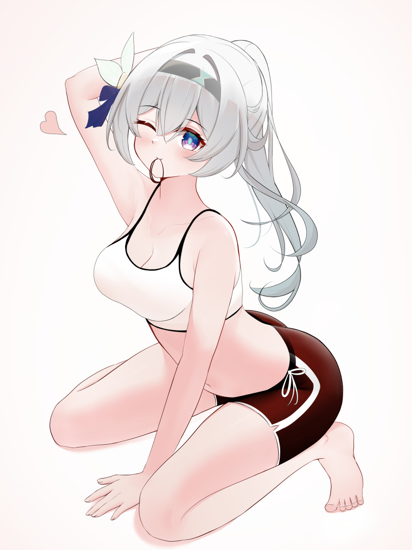 1girl absurdres adjusting_hair alternate_costume arm_support barefoot bike_shorts black_shorts blue_pupils blush breasts cleavage closed_mouth collarbone firefly_(honkai:_star_rail) grey_hair grey_hairband hair_ornament hair_tie_in_mouth hairband hand_up heart high_ponytail highres honkai:_star_rail honkai_(series) kneeling knosdeba looking_at_viewer medium_breasts mouth_hold navel one_eye_closed purple_eyes shorts simple_background solo sports_bra stomach white_background white_sports_bra