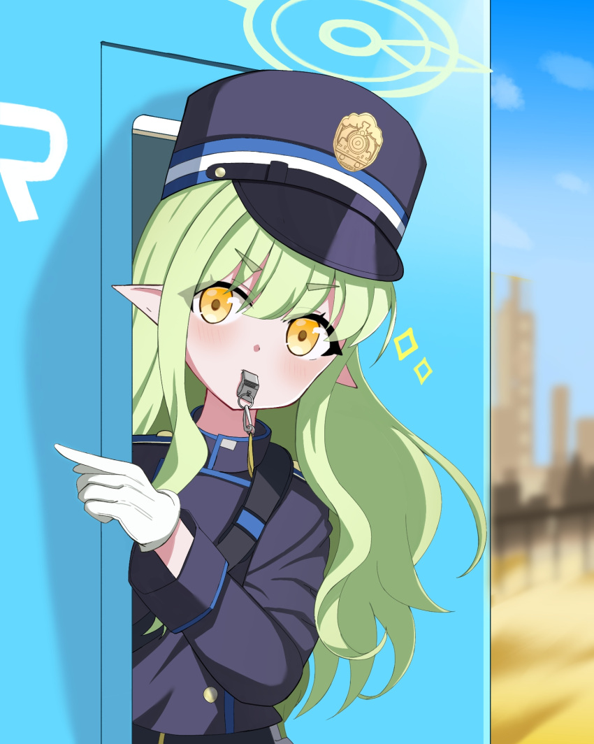 1girl blue_archive commentary_request crouching_start gloves green_eyes hair_between_eyes hair_ornament halo hat highlander_sidelocks_conductor_(blue_archive) highres long_hair looking_at_viewer pointing pointy_ears solo train uniform whistling yellow_eyes