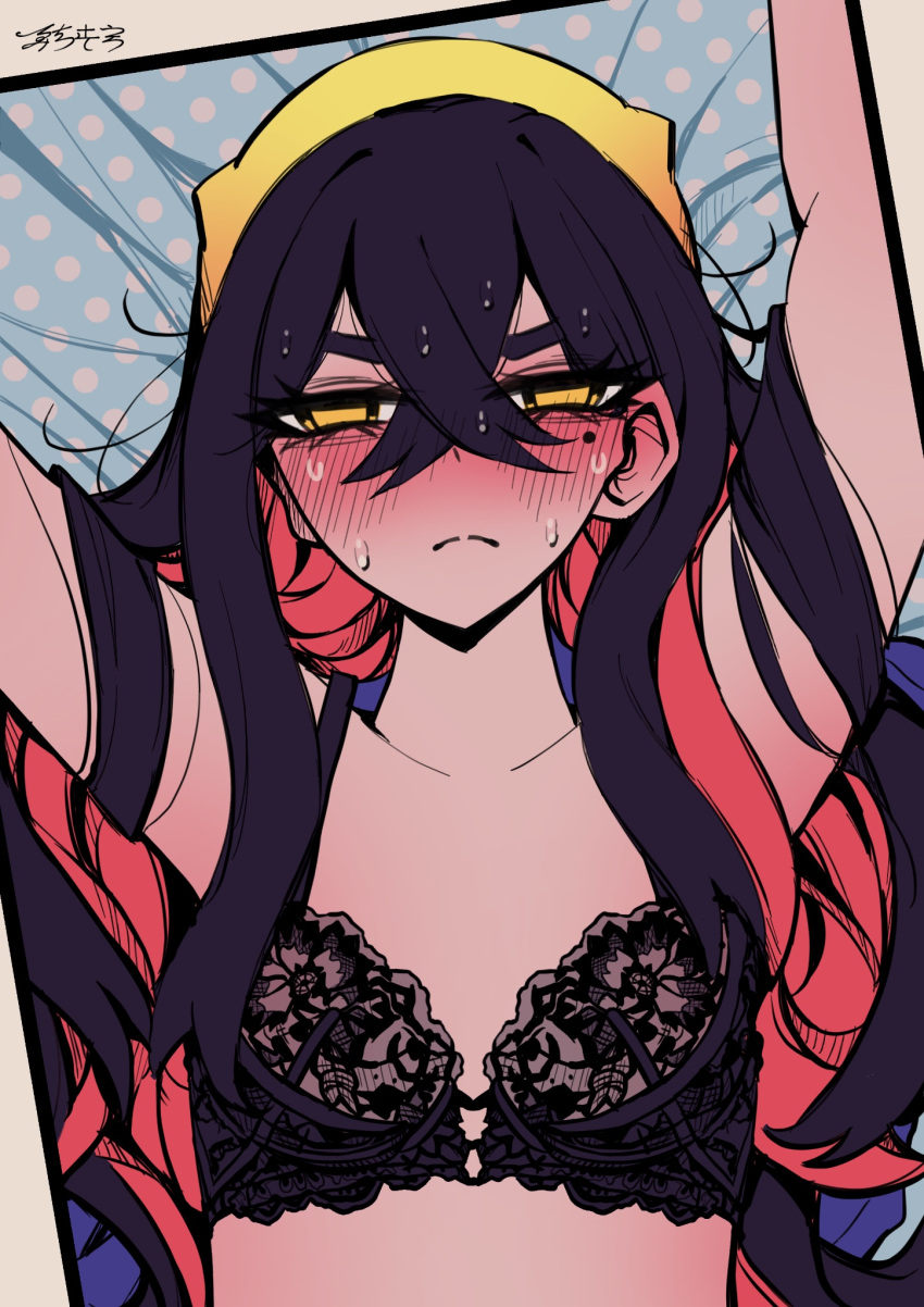 1girl arms_up black_bra black_hair blush bra breasts carmine_(pokemon) close-up closed_mouth colored_inner_hair crossed_bangs full-face_blush hair_between_eyes headband highres lace-trimmed_bra lace_trim long_hair lying mitisu_u mole mole_under_eye multicolored_hair on_back pokemon pokemon_sv red_hair signature small_breasts solo sweat two-tone_hair underwear yellow_eyes yellow_headband