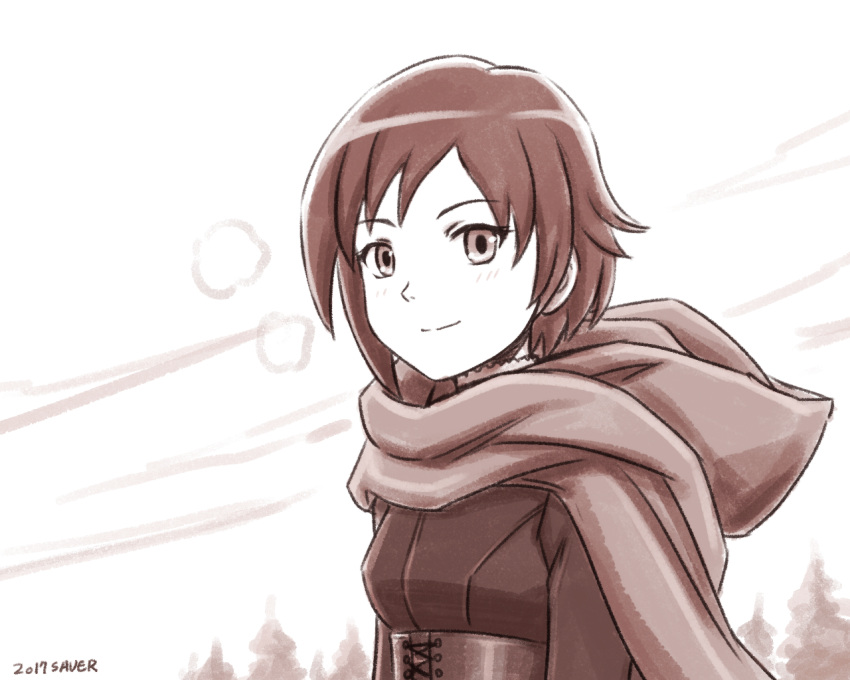 1girl artist_name cape commentary dated english_commentary hood looking_afar outdoors ruby_rose rwby saver_(artbysaver) sepia short_hair sketch sky solo tree upper_body