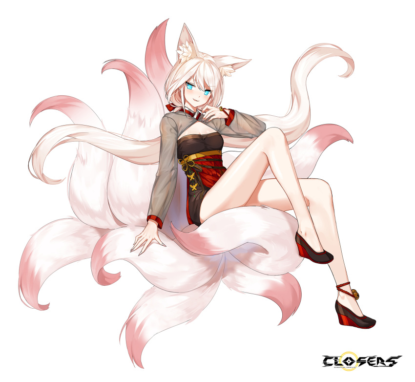 1girl alternate_hair_color animal_ear_fluff animal_ears ankle_bell arm_support bare_legs black_dress black_footwear blue_eyes blush bow breasts cleavage cleavage_cutout closed_mouth closers clothing_cutout copyright_name dress evil_smile fingernails floating_hair fox_ears fox_girl fox_tail full_body hair_bow hand_up high_heels highres kitsune knee_up kyuubi layered_dress logo long_fingernails long_hair long_sleeves looking_at_viewer low_twintails medium_breasts multiple_tails official_art parted_lips pink_tail red_bow red_dress see-through see-through_sleeves seulbi_lee sitting sitting_on_tail smile smirk solo tachi-e tail tongue tongue_out twintails two-tone_dress v-shaped_eyebrows very_long_hair wedge_heels white_background white_hair