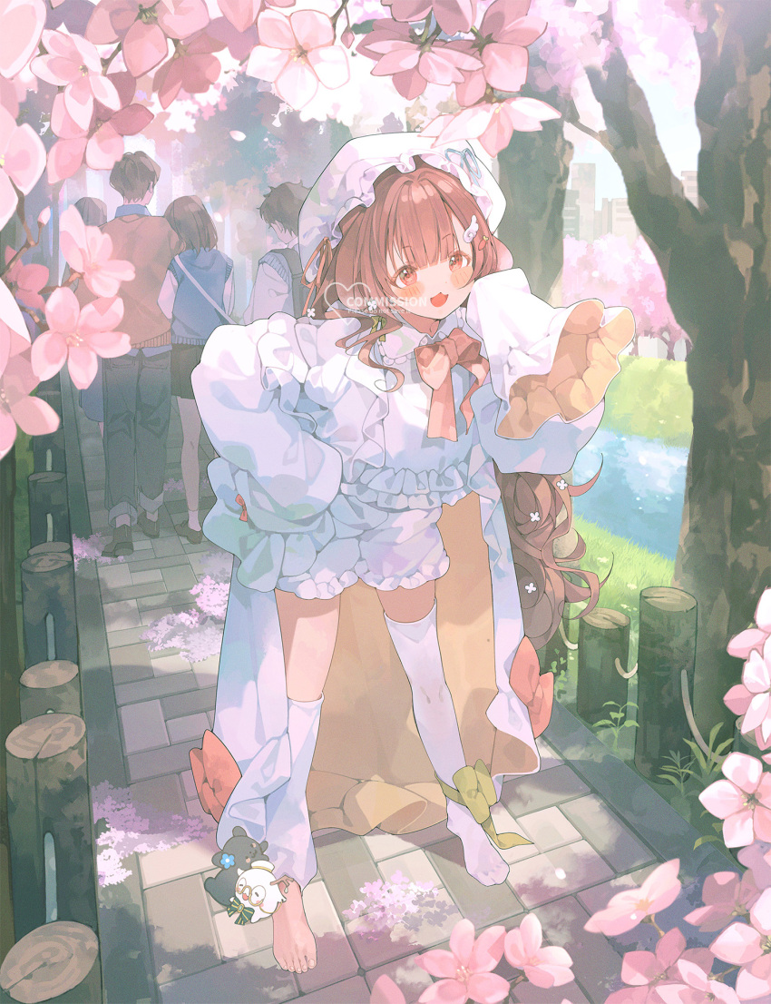 2boys 3girls :3 asymmetrical_legwear blush bow bowtie brown_hair cape charm_(object) cherry_blossoms cherry_tree commentary commission flower frilled_shorts frills hand_on_own_hip hat highres long_hair looking_at_viewer loose_leg_warmer mob_cap multiple_boys multiple_girls no_shoes open_mouth original outdoors patch_oxxo pink_flower red_bow red_bowtie red_eyes shorts single_barefoot single_thighhigh sleeves_past_fingers sleeves_past_wrists solo_focus standing symbol-only_commentary thighhighs very_long_hair white_cape white_hat white_shorts white_thighhighs