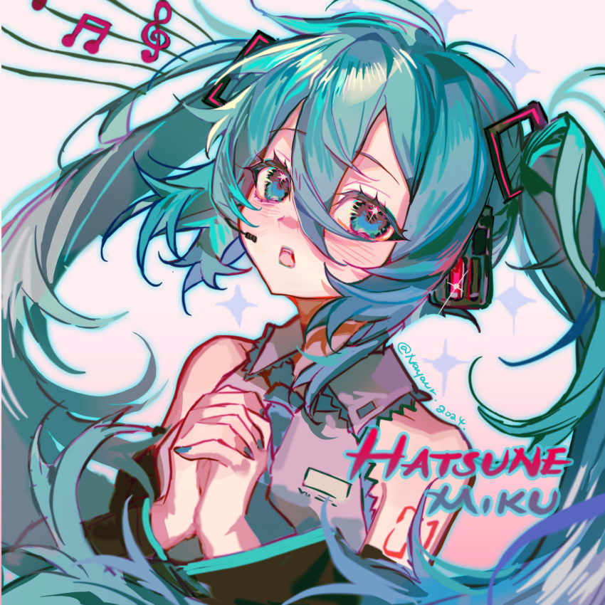 1girl aqua_hair bare_shoulders blue_eyes blue_necktie character_name chinese_commentary collared_shirt commentary_request detached_sleeves floating_hair grey_shirt hair_between_eyes hatsune_miku headset highres interlocked_fingers long_bangs long_hair looking_at_viewer music musical_note necktie open_mouth own_hands_clasped own_hands_together shirt shixiaoqina signature simple_background singing sleeveless sleeveless_shirt solo sparkling_eyes staff_(music) twintails upper_body vocaloid white_background