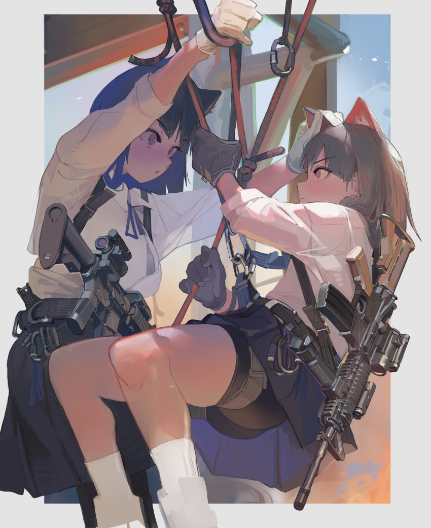 2girls absurdres animal_ears assault_rifle bike_shorts black_gloves black_hair black_skirt blue_ribbon carabiner cat_ears closed_mouth extra_ears gloves grey_hair gun highres inset_border looking_at_another m4_carbine multiple_girls original parted_lips pleated_skirt polilla rappelling ribbon rifle scope shirt skirt socks weapon white_gloves white_shirt white_socks