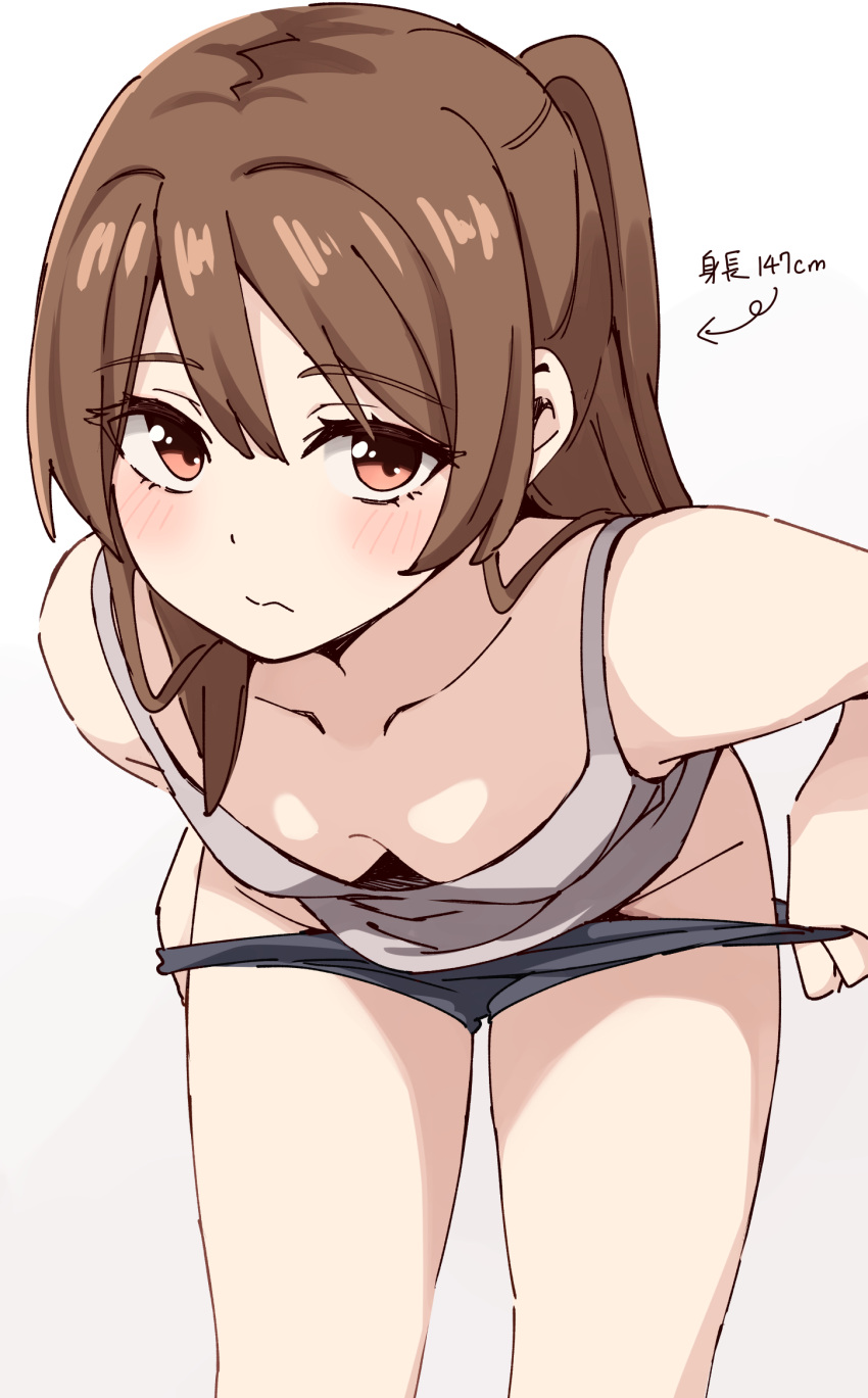 1girl arrow_(symbol) bare_arms bare_shoulders bent_over black_panties blush breasts brown_background brown_eyes brown_hair closed_mouth collarbone commentary_request downblouse gradient_background grey_tank_top groin highres kapatarou looking_at_viewer original panties panty_pull ponytail small_breasts solo standing tank_top translation_request underwear undressing white_background