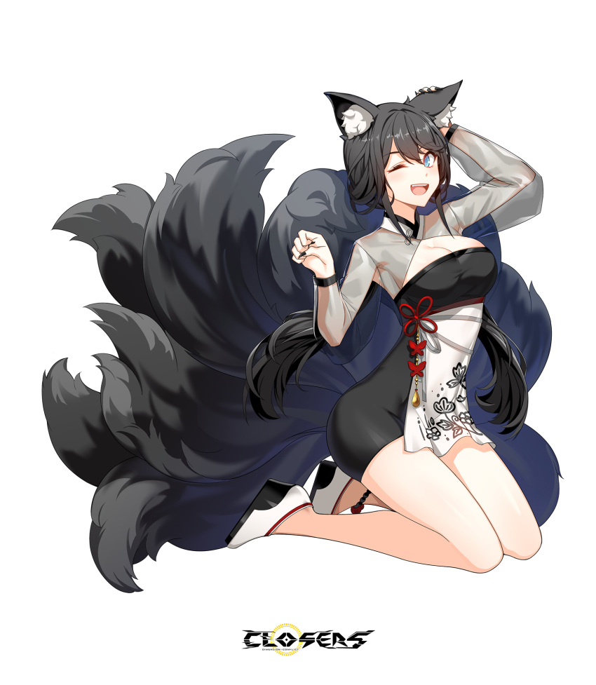 1girl ;d alternate_hair_color animal_ear_fluff animal_ears ankle_bell arm_up armpits bare_legs black_dress black_footwear black_hair black_sleeves black_tail blue_eyes breasts cleavage cleavage_cutout closers clothing_cutout copyright_name dress fang fingernails fox_ears fox_girl fox_tail from_side full_body hand_on_own_ear hands_up high_heels highres kitsune kneeling kyuubi large_breasts layered_dress logo long_fingernails long_hair long_sleeves looking_at_viewer low_twintails multiple_tails official_art one_eye_closed open_mouth paw_pose see-through see-through_sleeves smile solo tachi-e tail teeth twintails two-tone_dress upper_teeth_only very_long_hair wedge_heels white_background white_dress yuri_seo