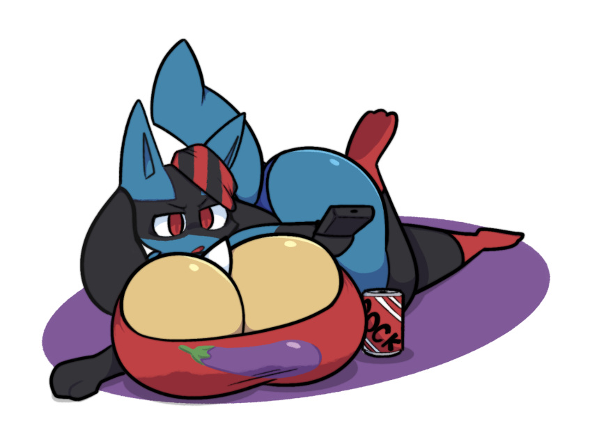 2022 4:3 anthro beverage_can big_breasts black_body black_fur blue_body blue_fur breasts cleavage clothed clothing dewbber digital_media_(artwork) duke_(bootlegkaka) eggplant female food fruit fur generation_4_pokemon hi_res huge_breasts lucario nintendo open_mouth plant pokemon pokemon_(species) red_clothing red_eyes red_topwear simple_background solo topwear tv_remote white_background