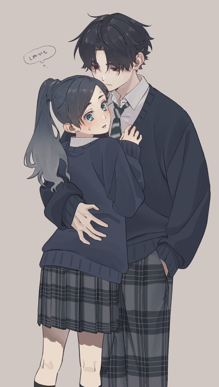 1boy 1girl black_hair black_socks blue_eyes blue_sweater collared_shirt earrings feet_out_of_frame grey_background grey_hair grey_pants grey_shirt grey_skirt hair_over_eyes hand_in_pocket hand_on_another's_chest height_difference hetero highres hug jewelry long_hair long_sleeves looking_at_another looking_to_the_side mi_(pic52pic) miniskirt necktie nervous original pants parted_bangs plaid plaid_pants plaid_skirt pleated_skirt ponytail red_eyes school_uniform shirt short_hair skirt socks standing striped_necktie stud_earrings sweat sweater white_shirt